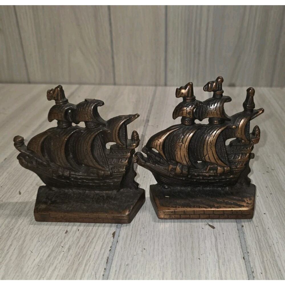 Vtg Spanish Galleon Bookends w Sailing Ships Copper Coated Cast Iron Nautical